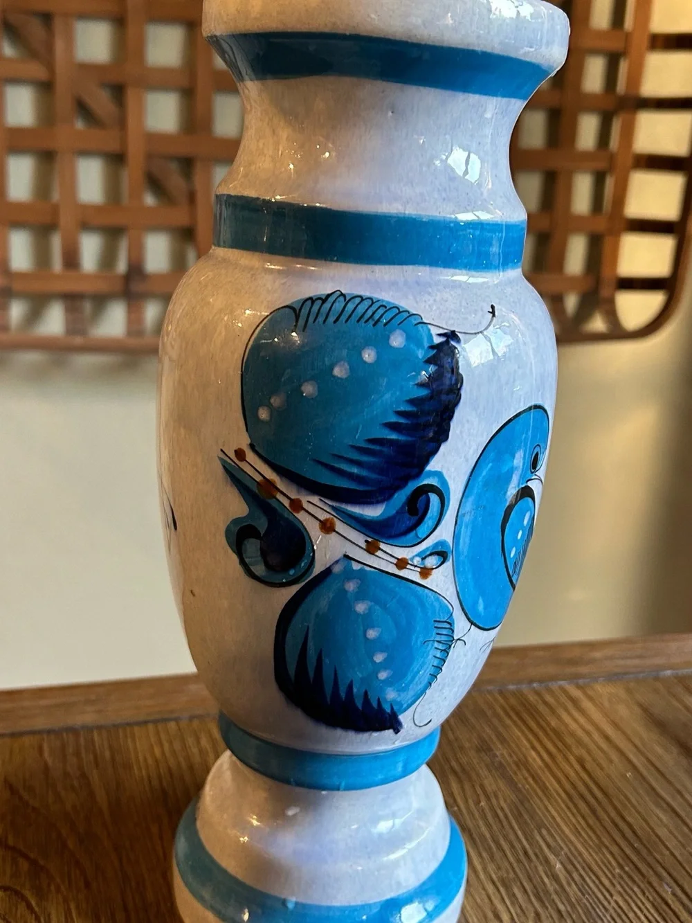 Blue Hand-Painted Pottery Vase with Bird and Floral Motif|Tonala Made in Mexico